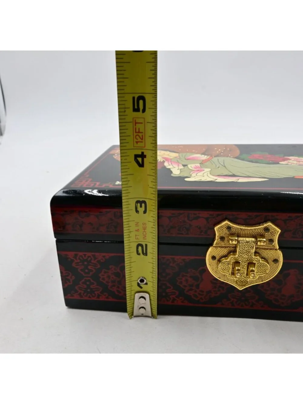 Chinese Black Lacquer Jewelry Box Vintage Hand Painted Reclining Lady Mirror